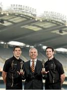 11 September 2014; The GAA/GPA All-Stars sponsored by Opel are delighted to announce Kerry's David Moran and Limerick's Seamus Hickey, as the Players of the Month for August in football and hurling respectively. Pictured is Kerry's David Moran, left, and Limerick's Seamus Hickey, right, after being presented with their Opel GAA / GPA Player of the Month Award for August by Ray Finlay, Sales District Manager, Opel Ireland. Croke Park, Dublin. Picture credit: Ramsey Cardy / SPORTSFILE