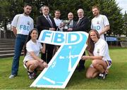 11 September 2014; A host of Kilmacud Crokes stars, past and present, were on hand in Kilmacud Crokes as the 2014 FBD 7's was launched. This is the 42nd year of Ireland's premier 7's tournament which has become a firm favourite in the GAA calendar for both players and supporters alike. In attendance at the 2014 FBD7s launch, clockwise from left, Mark McHugh, Sean Fox, Chairman, Football Section, Kilmacud Crokes, Darren Magee, Mick Durcan, Michael Garvey, Director of Marketing & Sales, FBD, Mark Vaughan, Ann Marie McBarron and Molly Lamb. Kilmacud Crokes GAA Club, Burke Park, Glenalbyn, Stillorgan, Co. Dublin. Picture credit: Brendan Moran / SPORTSFILE