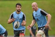 15 September 2014; Munster's Conor Murray, supported by team-mate Paul O'Connell, during squad training ahead of their side's Guinness PRO12, Round 3, match against Zebre on Friday. Munster Rugby Squad Training, University of Limerick, Limerick. Picture credit: Diarmuid Greene / SPORTSFILE