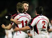 16 February 2007; Ulster's Andrew Trimble, centre, is congratulated by Tommy Bowe and Paul Shields after scoring the second try. Magners League, Ulster v Dragons, Ravenhill Park, Belfast Co. Antrim. Picture credit: Oliver McVeigh / SPORTSFILE