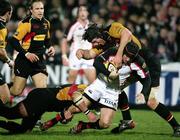 16 February 2007; David Humphreys, Ulster, is tackled by Luke Charteris and Adam Black, Dragons. Magners League, Ulster v Dragons, Ravenhill Park, Belfast Co. Antrim. Picture credit: Oliver McVeigh / SPORTSFILE