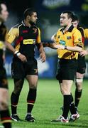 16 February 2007; Dragons' Aled Bruw speaking to referee David Changleng during the first half. Magners League, Ulster v Dragons, Ravenhill Park, Belfast Co. Antrim. Picture credit: Oliver McVeigh / SPORTSFILE
