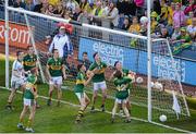 21 September 2014; Kerry players, from left to right, Shane Ryan, Barry O'Sullivan, Robert Wharton, Andrew Barry, Mark O'Connor, Liam Carey, Micheál Burns, and Matthew Flaherty, watch a late Donegal effort come back off the post near the end of the game. Electric Ireland GAA Football All Ireland Minor Championship Final, Kerry v Donegal. Croke Park, Dublin. Picture credit: Dáire Brennan / SPORTSFILE