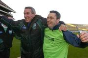 17 March 2004; Caltra managers Frank Doherty and Gabriel Naughton, right, celebrate following the AIB All-Ireland Senior Club Football Championship Final between An Gaeltacht and Caltra at Croke Park in Dublin. Photo by Brendan Moran/Sportsfile