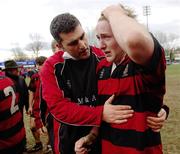 6 March 2007; A dissapointed George Beattie, Kilkenny College, is consoled by Coach Jeff Carter after defeat to St. Michael's College. Leinster Schools Senior Cup Semi-Final, St.Michael’s College v Kilkenny College, Donnybrook, Dublin. Picture credit: Brian Lawless / SPORTSFILE