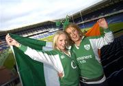 10 March 2007; Ireland fans Lorna Bennett and Aedin O'Shea, from Kildare, arrive at the stadium early to take their seats. Six Nations Rugby Championship, Scotland v Ireland, Murrayfield Stadium, Edinburgh, Scotland. Picture credit: Brian Lawless / SPORTSFILE