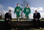 9 March 2007; The Launch of the Woodie's DIY Irish Cross Country Championships took place today in Morton Stadium Santry. The Championships take place this Saturday the 10th of March at the racecourse ground in Sligo. At the launch today was Brendan Hackett, CEO, Athletics Ireland, left, with Ray Colman, Chief Executive, Woodie's DIY, with European U23 Cross Country silver medallist Fionnuala Britton and reigning men's Irish Cross Country Champion Vinny Mulvey. Morton Stadium, Santry, Dublin. Picture credit: Brian Lawless / SPORTSFILE