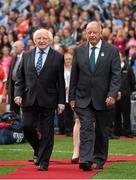 28 September 2014; The President of Ireland Michael D. Higgins, left, is accompanied by Pat Quill, President of the Ladies Gaelic Football Association, before he is introduced to the teams before the game. TG4 All-Ireland Ladies Football Senior Championship Final, Cork v Dublin. Croke Park, Dublin. Picture credit: Brendan Moran / SPORTSFILE