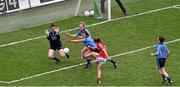 28 September 2014; Eimear Scally shoots past Dublin defenders Leah Caffrey, Rachel Ruddy and goalkeeper Clíodhna O'Connor to score a late goal for Cork. TG4 All-Ireland Ladies Football Senior Championship Final, Cork v Dublin. Croke Park, Dublin. Picture credit: Ray McManus / SPORTSFILE