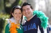 17 March 2007; Ireland rugby fan Emma Flynn, from Dublin, with her boyfriend, Dario Matteini, from Florence, Italy, ahead of RBS Six Nations game between Ireland and Italy. Stadio Flaminio, Rome, Italy. Picture credit: Brendan Moran / SPORTSFILE