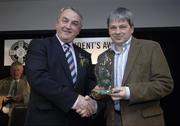 17 March 2007; President of the GAA Nickey Brennan presents Ger Dullea, Tipperary, with an award at the 2007 GAA President's Awards. Ger, a Cork native, is responsible for the outstanding success of Camogie teams in St. Mary's Secondary School Nenagh where he teaches. Croke Park, Dublin. Picture credit: Brian Lawless / SPORTSFILE