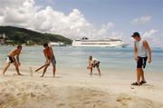 18 March 2007; Ireland players, from left, Andrew White, Kyle McCallan, and Boyd Rankin enjoy a game of cricket as while relaxing on the beach at the Sunset Jamaica Grande Hotel, Ocho Rios, Jamaica. Picture credit: Pat Murphy / SPORTSFILE