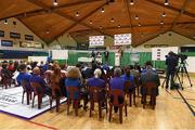 1 October 2014; A general view of the launch and cup draw of the Basketball Ireland 2014/2015 Season. As winter approaches, Ireland’s most popular indoor sport officially launched its new season today. Basketball clubs from around the country gathered at the National Basketball Arena in Tallaght for the launch of the national league season for 2014/2015. All the action gets underway this Saturday as 32 teams across 4 divisions fight it out to be the best basketballers in the country. Women’s Premier League and Cup Champions Team Montenotte get their account underway against Singleton Supervalu Brunell in a Cork derby while defending Men’s Champions Killester are away to DCU Saints. The draw for the National Cups also took place today. National Basketball Arena, Tallaght, Dublin. Picture credit: Brendan Moran / SPORTSFILE