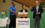 1 October 2014; Making the draw for the national cups at the launch of the Basketball Ireland 2014/2015 Season, from left, Matt Hall, Senior Technical Officer, Basketball Ireland, Michelle Wray, Sales Manager Red Cow Moran Hotels, and Gerry Kelly, President, Basketball Ireland. As winter approaches, Ireland’s most popular indoor sport officially launched its new season today. Basketball clubs from around the country gathered at the National Basketball Arena in Tallaght for the launch of the national league season for 2014/2015. All the action gets underway this Saturday as 32 teams across 4 divisions fight it out to be the best basketballers in the country. Women’s Premier League and Cup Champions Team Montenotte get their account underway against Singleton Supervalu Brunell in a Cork derby while defending Men’s Champions Killester are away to DCU Saints. The draw for the National Cups also took place today. National Basketball Arena, Tallaght, Dublin. Picture credit: Brendan Moran / SPORTSFILE