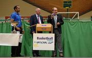 1 October 2014; Making the draw for the national cups at the launch of the Basketball Ireland 2014/2015 Season, from left, Matt Hall, Senior Technical Officer, Basketball Ireland, Niall O'Driscoll, O'Driscoll O'Neil Insurance, and Gerry Kelly, President, Basketball Ireland. As winter approaches, Ireland’s most popular indoor sport officially launched its new season today. Basketball clubs from around the country gathered at the National Basketball Arena in Tallaght for the launch of the national league season for 2014/2015. All the action gets underway this Saturday as 32 teams across 4 divisions fight it out to be the best basketballers in the country. Women’s Premier League and Cup Champions Team Montenotte get their account underway against Singleton Supervalu Brunell in a Cork derby while defending Men’s Champions Killester are away to DCU Saints. The draw for the National Cups also took place today. National Basketball Arena, Tallaght, Dublin. Picture credit: Brendan Moran / SPORTSFILE