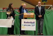 1 October 2014; Making the draw for the national cups at the launch of the Basketball Ireland 2014/2015 Season, from left, Louise O'Loughlin, Senior Competitions Officer, Basketball Ireland, John Fallon, Macron kits, and Gerry Kelly, President, Basketball Ireland. As winter approaches, Ireland’s most popular indoor sport officially launched its new season today. Basketball clubs from around the country gathered at the National Basketball Arena in Tallaght for the launch of the national league season for 2014/2015. All the action gets underway this Saturday as 32 teams across 4 divisions fight it out to be the best basketballers in the country. Women’s Premier League and Cup Champions Team Montenotte get their account underway against Singleton Supervalu Brunell in a Cork derby while defending Men’s Champions Killester are away to DCU Saints. The draw for the National Cups also took place today. National Basketball Arena, Tallaght, Dublin. Picture credit: Brendan Moran / SPORTSFILE