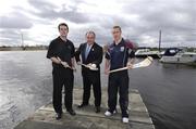 20 March 2007; At a GAA Press Conference ahead of next Sunday's Allianz National Hurling League Division 1B game are Damien Joyce, right, Galway, and Tipperary's Paul Kelly with GAA President Nickey Brennan on the banks of the river Shannon where the 2 Counties meet. GAA Press Conference, Shannon Oaks Hotel & Country Club, Portumna, Co. Galway. Picture credit: Ray McManus / SPORTSFILE