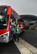 8 October 2014; Expressway, as official travel partners of the FAI, would like to wish the Boys in Green the very best of luck in their first home game of the Euro 2016 qualifying campaign against Gibraltar!  The game kicks off this Saturday evening, October 11th, in the Aviva Stadium at 17.00. If you’re going to cheer on the team, why not travel aboard an Expressway or Bus Éireann coach. We provide the largest network of routes, with regular services  that depart from across the country, to Dublin city centre. For more information, check out our website at www.buseireann.ie Ireland supporters from left, Adam Deegan, Mark Murphy, David Twamley and Craig Enriquez, in attendance at a Bus Éireann Fan Travel photocall. Aviva Stadium, Lansdowne Road, Dublin. Picture credit: Barry Cregg / SPORTSFILE