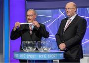 9 October 2014; Michael Reynolds, acting CEO of the Leinster Council, left, and John Horan, Chairman of the Leinster Council, draw out the name of Kilkenny during the Draw for the 2015 GAA Senior Football and Hurling Championships. RTE Studios, Donnybrook, Dublin. Picture credit: Brendan Moran / SPORTSFILE