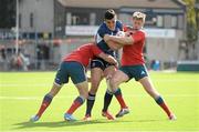 4 October 2014; Jordan Coghlan, Leinster A, is tackled by Ronan O'Mahony, left, and Ivan Dineen, Munster A. Interprovincial, Leinster A v Munster A. Donnybrook Stadium, Donnybrook, Dublin. Picture credit: Stephen McCarthy / SPORTSFILE