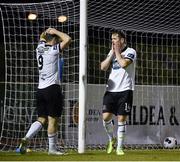 10 October 2014; Dane Massey, right, and Patrick Hoban, Dundalk, react after Athlone Town goalkeeper Ryan Coulter saved a shot on goal. SSE Airtricity League Premier Division, Athlone Town v Dundalk. Athlone Town Stadium, Athlone, Co. Westmeath. Picture credit: David Maher / SPORTSFILE