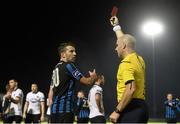 10 October 2014; Referee Tom Connolly shows a red card to Brian Shorthall, Athlone Town. SSE Airtricity League Premier Division, Athlone Town v Dundalk. Athlone Town Stadium, Athlone, Co. Westmeath. Picture credit: David Maher / SPORTSFILE