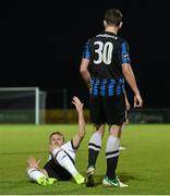 10 October 2014; Athlone Town's Brian Shorthall, right, clashes with Dundalk's Dane Massey resulting in the Athlone Town player being sent off by referee Tom Connolly. SSE Airtricity League Premier Division, Athlone Town v Dundalk. Athlone Town Stadium, Athlone, Co. Westmeath. Picture credit: David Maher / SPORTSFILE