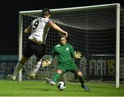 10 October 2014; Patrick Hoban, Dundalk, shoots past Athlone Town goalkeeper Ryan Coulter to score his side's second goal. SSE Airtricity League Premier Division, Athlone Town v Dundalk. Athlone Town Stadium, Athlone, Co. Westmeath. Picture credit: David Maher / SPORTSFILE