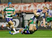 10 October 2014; Darragh Leader, Connaught, is tackled by Jayden Hayward, Benetton Treviso. Guinness PRO12, Round 6, Benetton Treviso v Connacht. Stadio Comunale di Monigo, Treviso, Italy. Picture credit: Roberto Bregani / SPORTSFILE