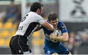 11 October 2014; Gordon D'Arcy, Leinster, is tackled by Mirco Bergamasco, Zebre. Guinness PRO12, Round 6, Zebre v Leinster. Stadio XXV Aprile, Parma, Italy. Picture credit: Ramsey Cardy / SPORTSFILE