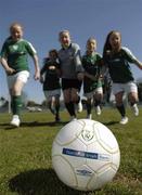 5 April 2007; The National Irish Bank FAI Summer Soccer Schools regional launch for Dublin was held today at Home Farm F.C. The Summer Soccer Schools will see over 20,000 children from all over Ireland participationg at 223 venues nationwide. Each Participant will receive a special kit and anyone who applies before the 1st of June will get their jersey personalised for free. All participants who book through by website, telephone or post will also receive a free eircom league of Ireland pass to their preferred or local eircom league of Ireland club. At the launch are, from left, Philomena Cregan, age 11, Danielle Delaney, age 8, Megan Fitzpatrick, age 11, Joanne Donohue, age 10, and Chloe Lynch, age 7, all from Finglas. Home Farm F.C., Drumcondra. Picture credit: Brian Lawless / SPORTSFILE