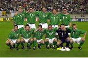 5 June 2002; The Republic of Ireland team who drew with Germany. Back row, from left, Steve Staunton, captain, Kevin Kilbane, Gary Breen, Ian Harte and Steve Finnan. Front, from left, Robbie Keane, Matt Holland, Mark Kinsella, Gary Kelly, Shay Given and Damien Duff. FIFA World Cup Finals, Group E, Republic of Ireland v Germany, Ibaraki Stadium, Ibaraki, Japan. Picture credit: David Maher / SPORTSFILE