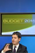 14 October 2014; Minister for Transport, Tourism and Sport Paschal Donohoe T.D, speaking at a 2015 budget press briefing for the Department of Transport, Tourism & Sport. Government Buildings, Merrion Street, Dublin. Photo by Sportsfile