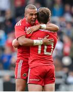 18 October 2014; Munster's Simon Zebo and Ian Keatley, 10, celebrate after Keatley's match winning drop goal. European Rugby Champions Cup 2014/15, Pool 1, Round 1, Sale Sharks v Munster, AJ Bell Stadium, Sale, Greater Manchester, England. Picture credit: Brendan Moran / SPORTSFILE
