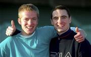 2 November 1999; 400 metre hurdler David Keoghegan, right, and 1500 metre runnder Andrew Walker during a feature at Morton Stadium in Santry, Dublin. Photo by Matt Browne/Sportsfile