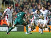 18 October 2014; Clive Ross, Ulster, avoids the tackle of Vereniki Goneva, Leicester Tigers. European Rugby Champions Cup 2014/15, Pool 3, Round 1, Leicester Tigers v Ulster, Welford Road, Leicester, England. Picture credit: John Dickson / SPORTSFILE