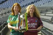16 April 2007; Division 3 captains Aileen Donnelly, Meath, left, and Lorraine Leavey, Westmeath, right, with the Division 3 trophy at a photocall ahead of the Camogie Division 2 and 3 National League finals. Croke Park, Dublin. Picture credit: Pat Murphy / SPORTSFILE