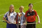 16 April 2007; Division 2 captains Sally O'Grady, Waterford, left, and Teresa McGowan, Down, with Liz Howard, President of the Camogie Association, at a photocall ahead of the Camogie Division 2 and 3 National League finals. Croke Park, Dublin. Picture credit: Pat Murphy / SPORTSFILE