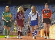 16 April 2007; Divison 3 captains Aileen Donnelly, Meath, left, and Lorraine Leavey, Westmeath, with Division 2 captains, Sally O'Grady, Waterford, and Teresa McGowan Down, right, at a photocall ahead of the Camogie Division 2 and 3 National League finals. Croke Park, Dublin. Picture credit: Pat Murphy / SPORTSFILE