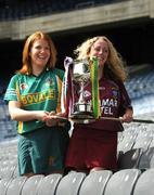 16 April 2007; Division 3 captains Aileen Donnelly, Meath, left, and Lorraine Leavey, Westmeath, right, with Liz Howard, President of the Camogie Association, at a photocall ahead of the Camogie Division 2 and 3 National league finals. Croke Park, Dublin. Picture credit: Simon Keane / SPORTSFILE