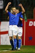 17 April 2007; Peter Thompson, Linfield, celebrates his goal with team mate Thomas Stewart. Setanta Cup Group 1, Glentoran v Linfield, The Oval, Belfast, Co. Antrim. Picture credit; Russell Pritchard / SPORTSFILE