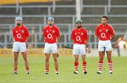 15 April 2007; Cork players, from left, Ronan Curran, Tom Kenny, Jerry O'Connor and Sean Og O hAilpin stand for the National Anthem before the game. Allianz National Hurling League Semi - Final, Division 1, Waterford v Cork, Semple Stadium, Thurles, Co. Tipperary. Picture credit; Brendan Moran / SPORTSFILE