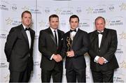 24 October 2014; Kerry footballer Paul Murphy is presented with his 2014 GAA GPA All-Star award by Uachtarán Chumann Lúthchleas Gael Liam Ó Néill, Dessie Farrell, Chief Executive of the Gaelic Players Association, and Dave Sheeran, Managing Director of Opel Ireland. GAA GPA All-Star Awards 2014 Sponsored by Opel. Convention Centre, Dublin. Picture credit: Brendan Moran / SPORTSFILE
