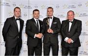 24 October 2014; Donegal footballer Neil McGee is presented with his 2014 GAA GPA All-Star award by Uachtarán Chumann Lúthchleas Gael Liam Ó Néill, Dessie Farrell, Chief Executive of the Gaelic Players Association, and Dave Sheeran, Managing Director of Opel Ireland. GAA GPA All-Star Awards 2014 Sponsored by Opel. Convention Centre, Dublin. Picture credit: Brendan Moran / SPORTSFILE