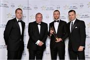 24 October 2014; Mayo footballer Keith Higgins is presented with his 2014 GAA GPA All-Star award by Uachtarán Chumann Lúthchleas Gael Liam Ó Néill, Dessie Farrell, Chief Executive of the Gaelic Players Association, and Dave Sheeran, Managing Director of Opel Ireland. GAA GPA All-Star Awards 2014 Sponsored by Opel. Convention Centre, Dublin. Picture credit: Brendan Moran / SPORTSFILE