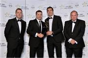 24 October 2014; Kerry footballer David Moran is presented with his 2014 GAA GPA All-Star award by Uachtarán Chumann Lúthchleas Gael Liam Ó Néill, Dessie Farrell, Chief Executive of the Gaelic Players Association, and Dave Sheeran, Managing Director of Opel Ireland. GAA GPA All-Star Awards 2014 Sponsored by Opel. Convention Centre, Dublin. Picture credit: Brendan Moran / SPORTSFILE