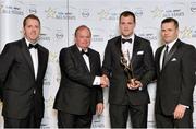 24 October 2014; Donegal footballer Michael Murphy is presented with his 2014 GAA GPA All-Star award by Uachtarán Chumann Lúthchleas Gael Liam Ó Néill, Dessie Farrell, Chief Executive of the Gaelic Players Association, and Dave Sheeran, Managing Director of Opel Ireland. GAA GPA All-Star Awards 2014 Sponsored by Opel. Convention Centre, Dublin. Picture credit: Brendan Moran / SPORTSFILE