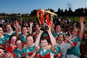 18 April 2007; Mary O'Donovan, captain of, Sacred Heart, Clonakilty, Cork, lifts the cup with her team-mates. Pat The Baker Post Primary Schools All-Ireland Senior B Finals, Sacred Heart, Clonakilty, Cork v St. Joseph's, Rochfortbridge, Westmeath, Leahy Park, Cashel, Co. Tipperary. Picture credit: David Maher / SPORTSFILE