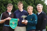 25 April 2007; Members of the Royal Belfast Academical Institute, from left, Garth McGee, Tim Greeves and James Patterson, and teacher Derek Weir, with the trophy after winning the Irish Schools Golf Strokeplay Championship. Lucan Golf Club, Co. Dublin. Picture credit: Brendan Moran / SPORTSFILE