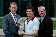 25 April 2007; Ireland and Leinster centre Gordon D'Arcy who was presented with the BT IRUPA Players' Player of the Year by Mike Maloney, left, C.O. BT Ireland, and Niall Woods, Chief Executive, IRUPA, at a photocall ahead of the IRUPA Awards. IRUPA Awards Photocall, BT Ireland Headquarters, Grand Canal Plaza, Dublin. Picture credit: Brendan Moran / SPORTSFILE